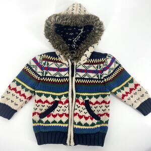 Hanna Andersson Size 60 Infant Hoodie Full Zip Sweater Faux Fur Fair Isle